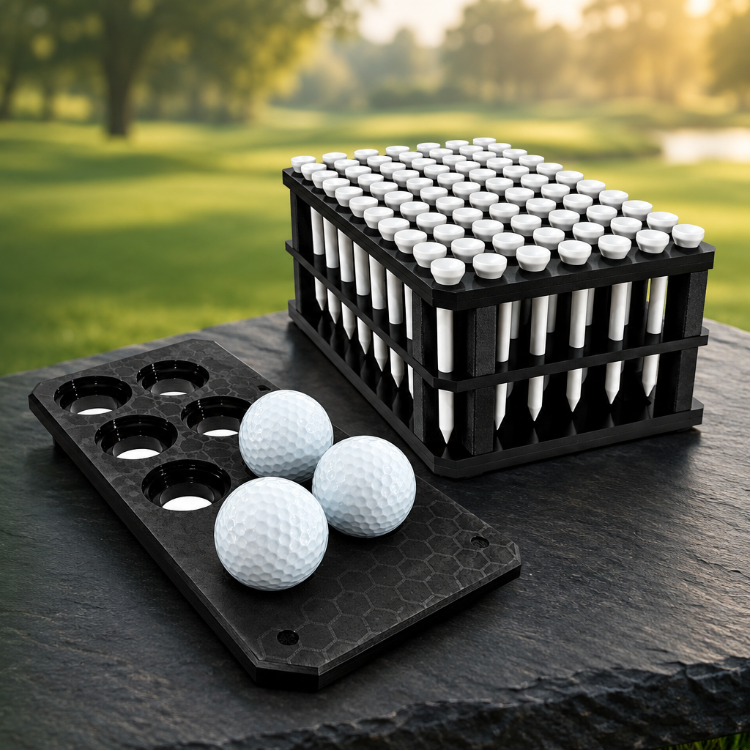 Golf-product banner with golf-ball and tee jigs against a golf-course background