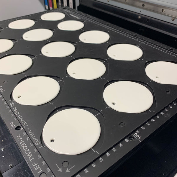 Ceramic Christmas Bauble Printing Jig for Mutoh XPJ-461UF Flatbed Printer - 60mm - 77mm Circular Discs (xx Spaces)