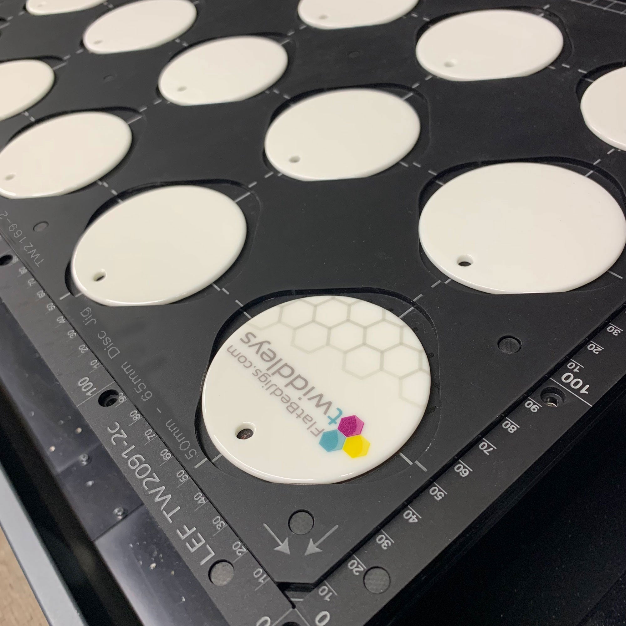 Ceramic Christmas Bauble Printing Jig for Roland MO-240 Flatbed Printer Series: 50mm - 65mm Circular Discs (TBA Spaces)