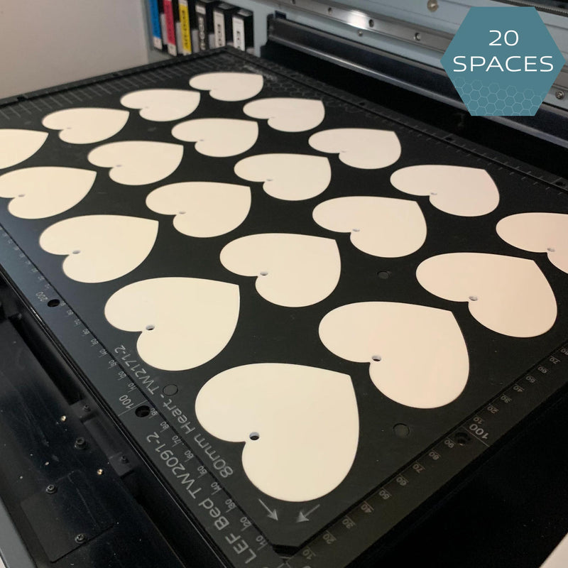 Printing Jig for 80mm Heart Blanks - Roland LEF 200 Flatbed Printer (20 Spaces)